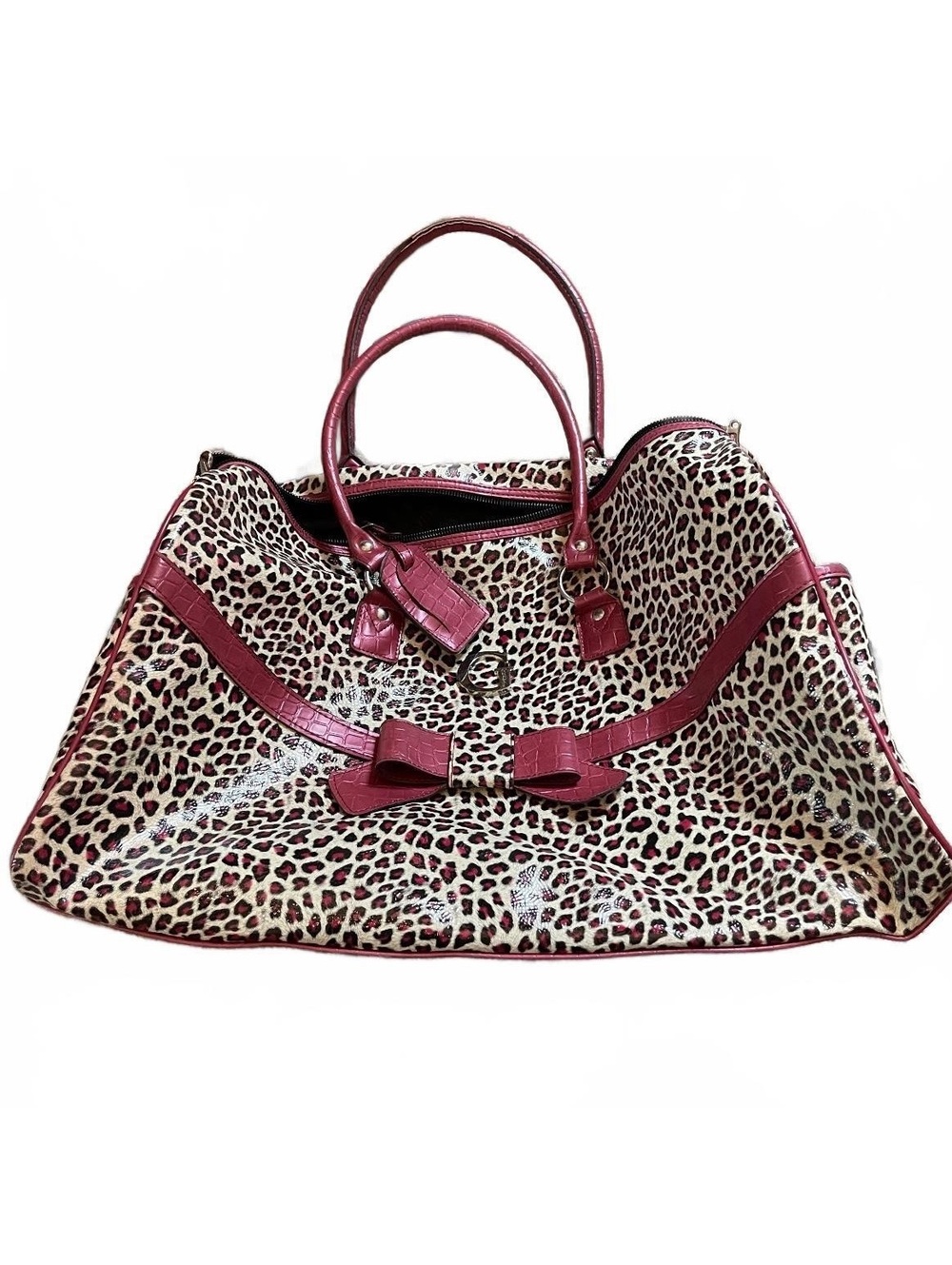 READ GUESS Rare Y2K Leopard Satchel Burgundy Faux Croc Large Tote Purse MCBLING